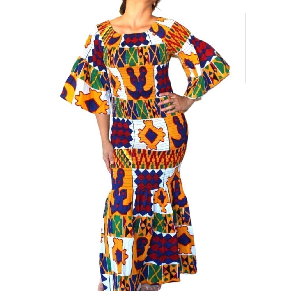 Handmade African mermaid multicolor ruffled trumpet Maxi dress Size M stretch - Picture 12 of 12